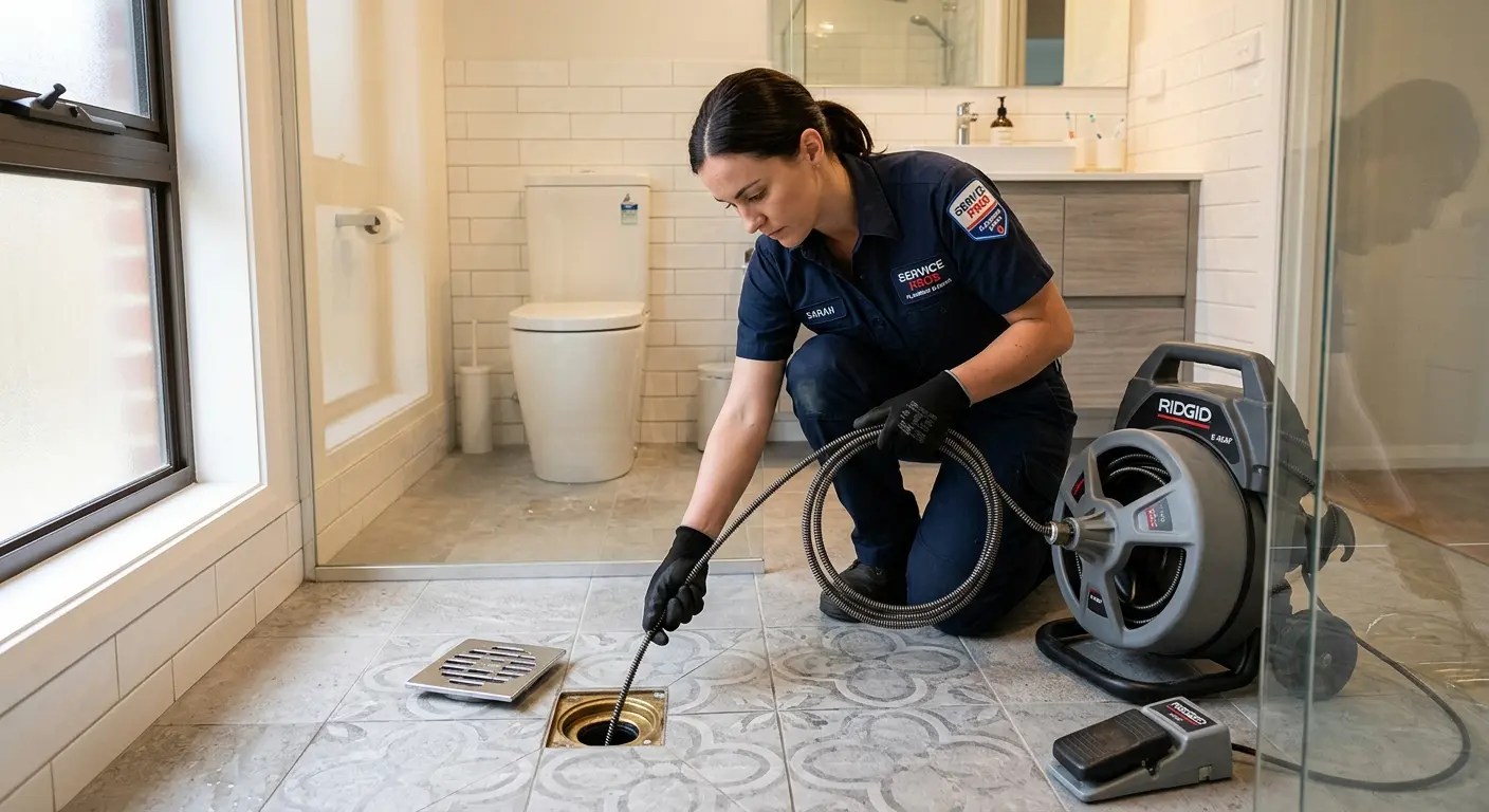 Technician clearing a bathroom floor drain for Drain Cleaning in Dundee